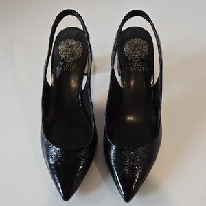 Vince Camuto Hamden Black Leather Shiny Pointed Toe Slingback Pumps